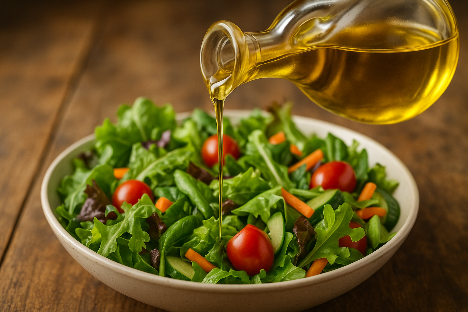 Extra virgin olive oil being poured on a salad from a glass bottle